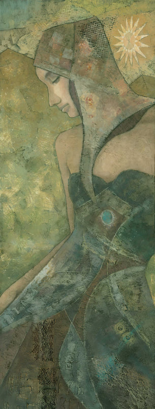 Contemporary art nouveau female figure painting by Stephen Mitchell in gold green colours