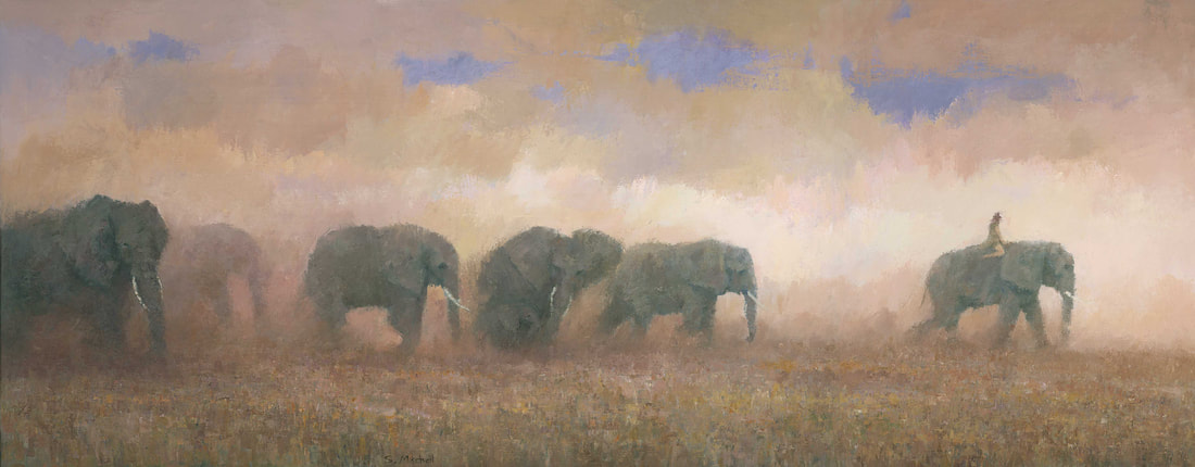 Dramatic panoramic elephant herd painting by artist Stephen Mitchell