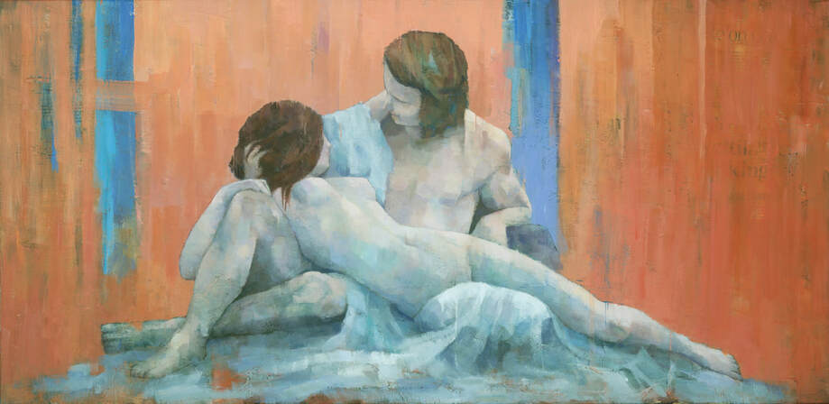 Male and female lovers nude couple painting by Stephen Mitchell in coral red and blue