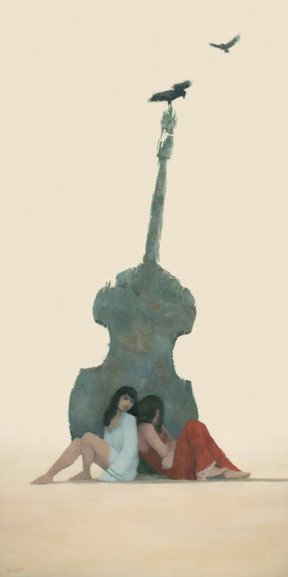 Painting of 2 women beneath an eroding statue of a double bass, by Stephen Mitchell.