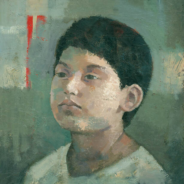 Contemporary expressive portrait painting of an east asian boy, by Stephen Mitchell.