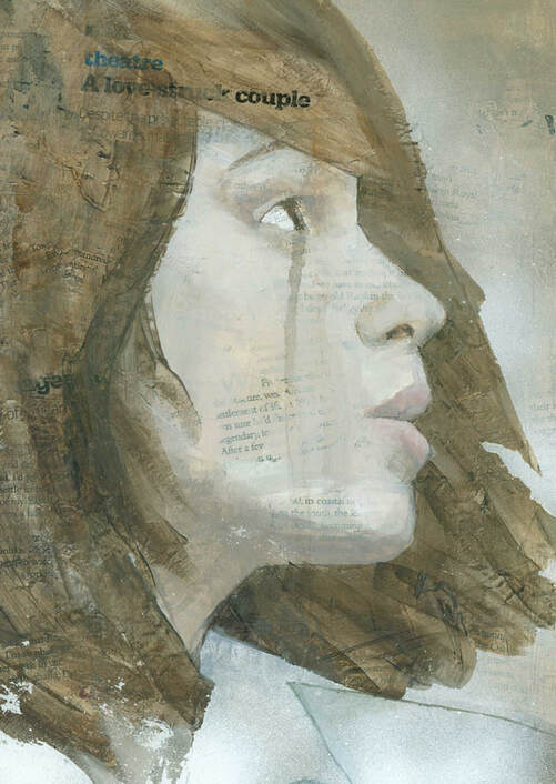Modern mixed media girls portrait painting by Stephen Mitchell.