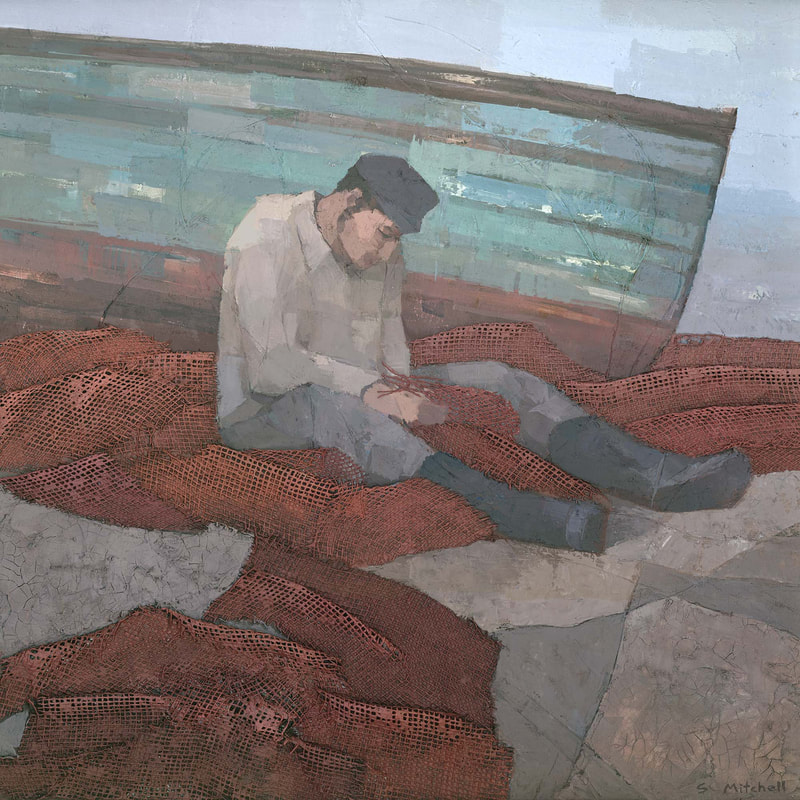  Fisherman fixing nets mixed media collage painting by Stephen Mitchell