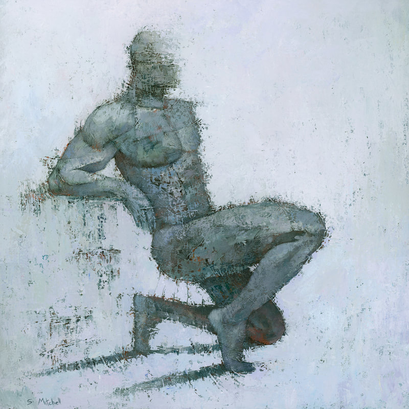 Modern male figure painting by Stephen Mitchell in monochrome grey