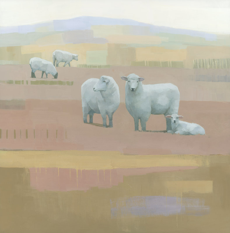 Sheep and lamb painting in a contemporary cubist style by artist Stephen Mitchell