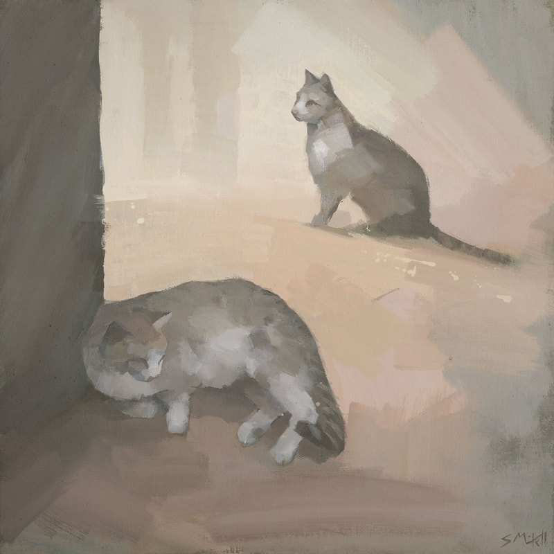 Contemporary painting of 2 cats by artist Stephen Mitchell, in warm colours
