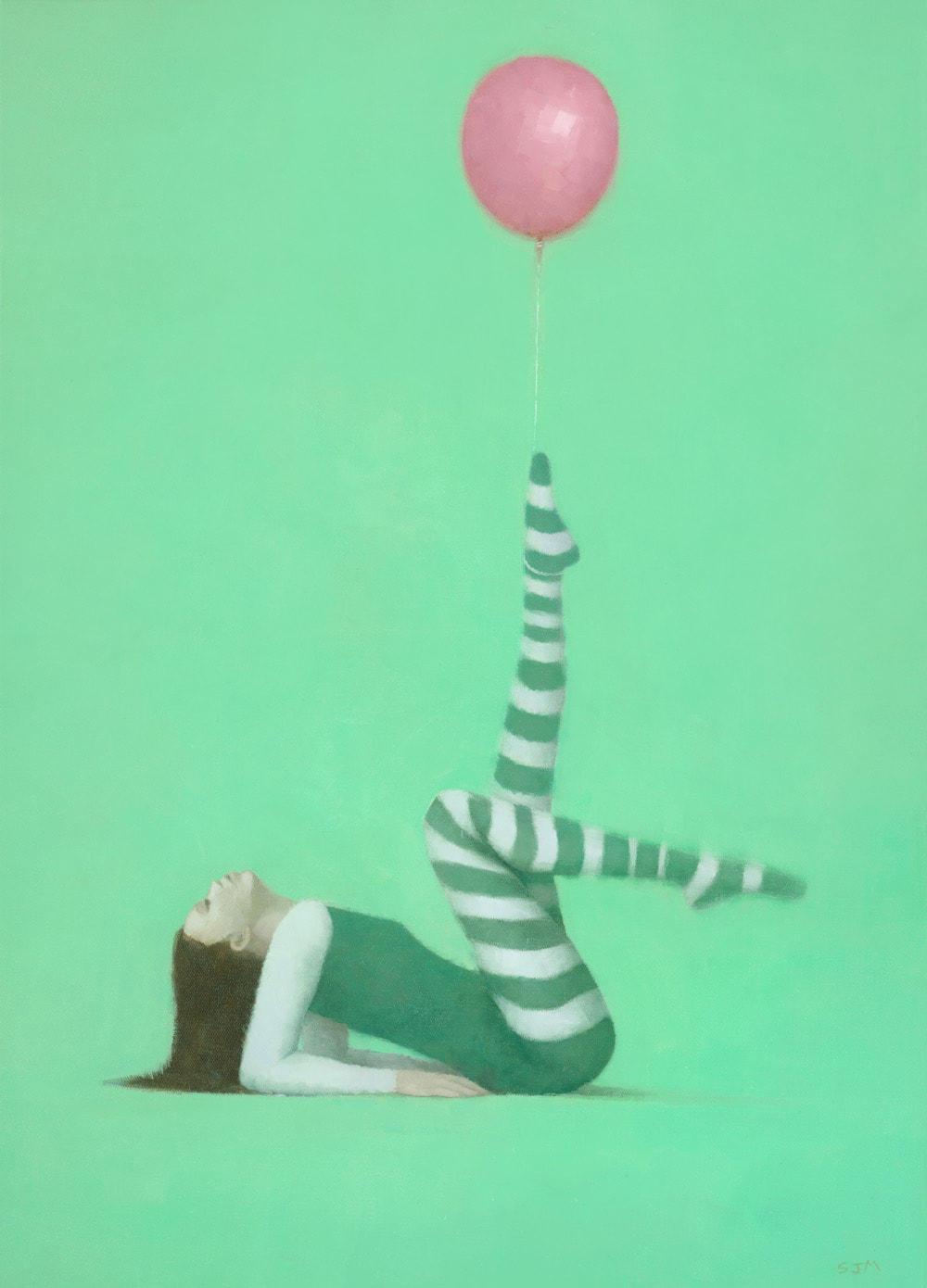 Female gymnast in green painting by Stephen Mitchell.