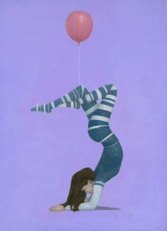 Female gymnast in blue and purple painting by Stephen Mitchell.
