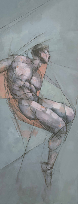 Contemporary black woman in costume painting by Stephen Mitchell in neutral muted turquoise and greys