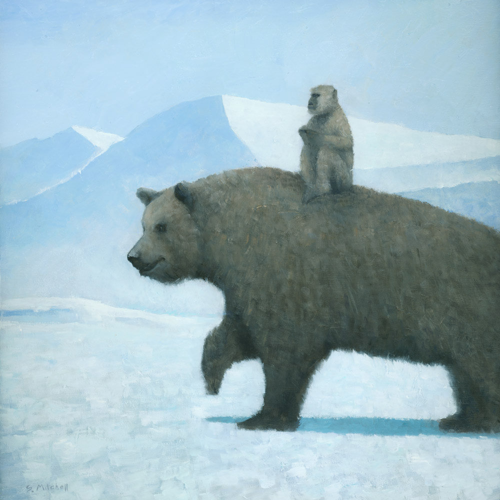 Symbolic surreal bear and monkey in a winter landscape painting by artist Stephen Mitchell