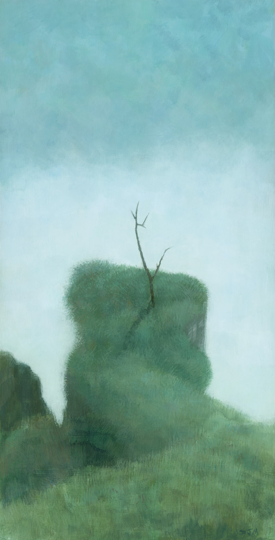 Tree at Iguazu, a muted landscape painting duck egg blue and green, by artist Stephen Mitchell