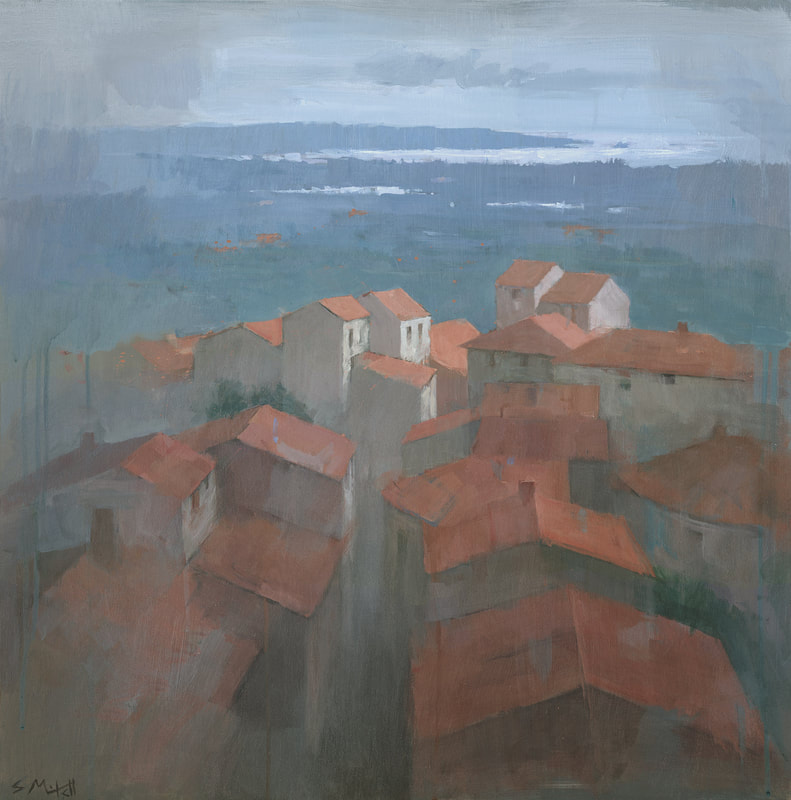 Vrsar Rooftops, Croatia, contemporary landscape townscape painting by Stephen Mitchell