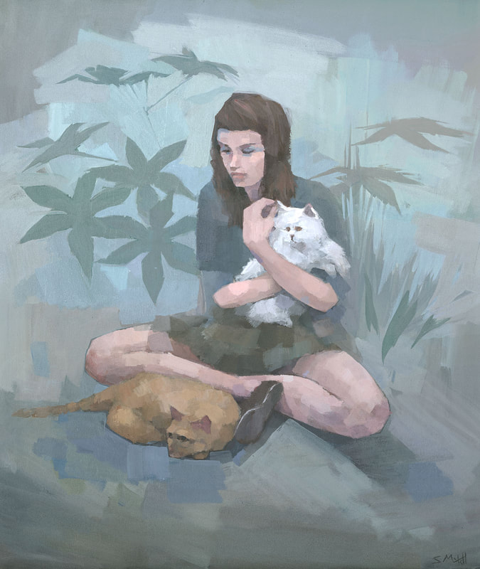 Contemporary female figure painting of young woman with cats, by Stephen Mitchell
