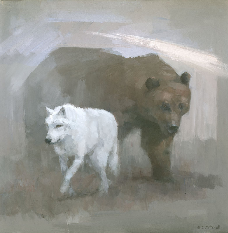 White wolf brown bear symbolic painting by artist Stephen Mitchell