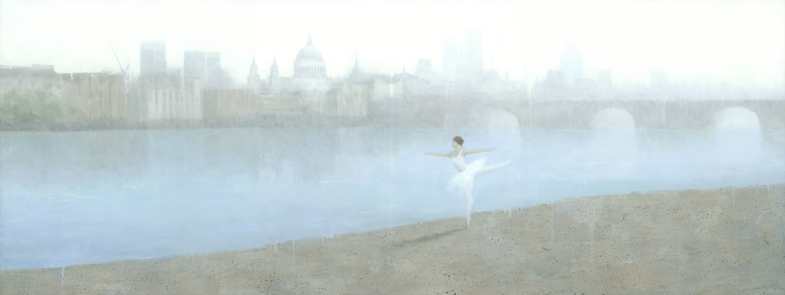Ballerina on the Thames, London cityscape painting in delicate muted style by Stephen Mitchell