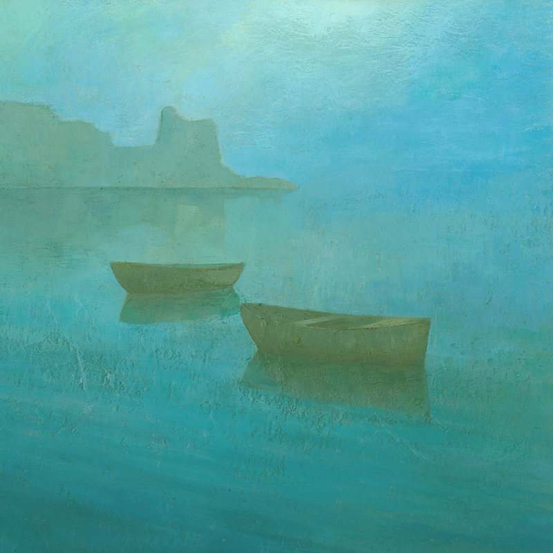 Blue Mist at Erbalunga, serene harbour boats painting by Stephen Mitchell