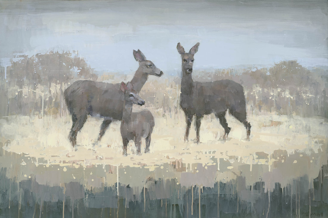 Contemporary deer painting by artist Stephen Mitchell, in yellow and grey brown colours.