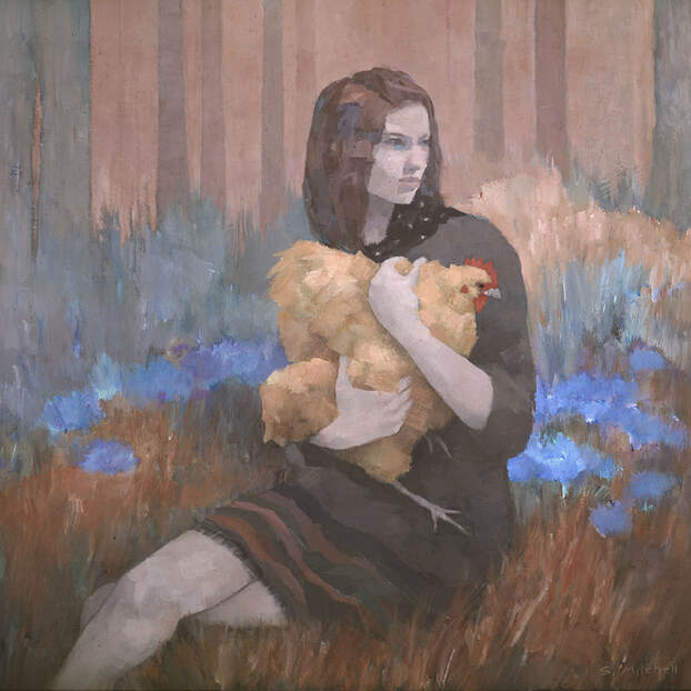 girl holding chicken symbolist painting art by Stephen Mitchell