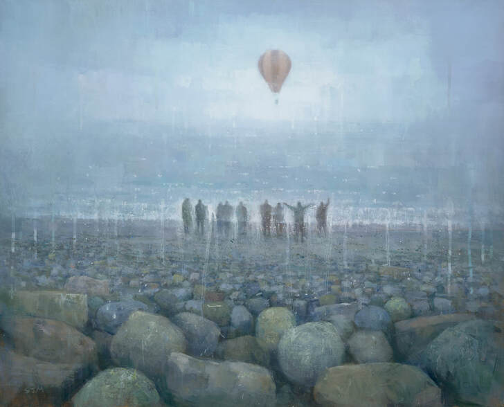 Hot air balloon above a rocky beach, landscape painting by artist Stephen Mitchell