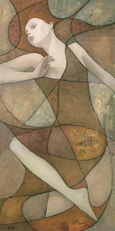 Contemporary Art Nouvea female figure painting by Stephen Mitchell, in a delicate, muted style
