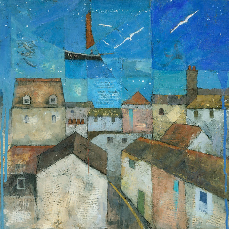 Falmouth Harbour, an abstract art Cornish townscape painting by Stephen Mitchell