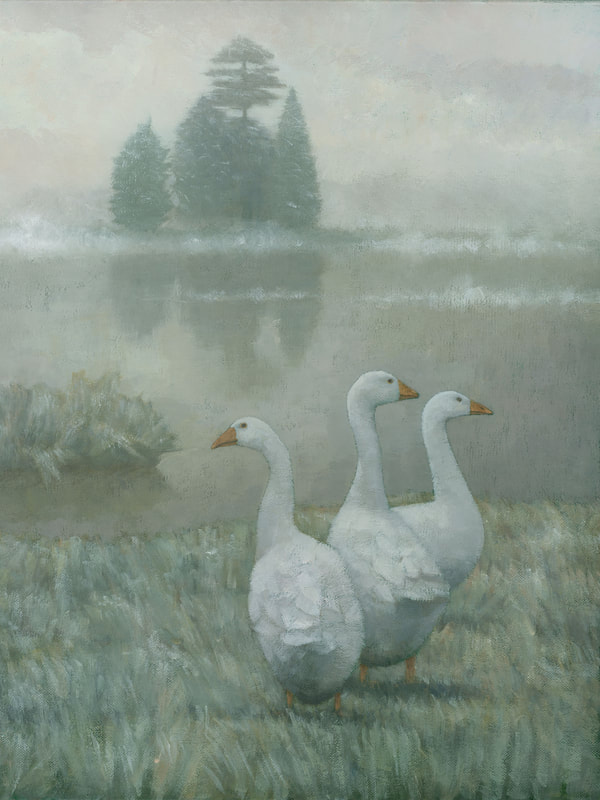 3 geese in a winter landscape painting by artist Stephen Mitchell, in muted grey green colours