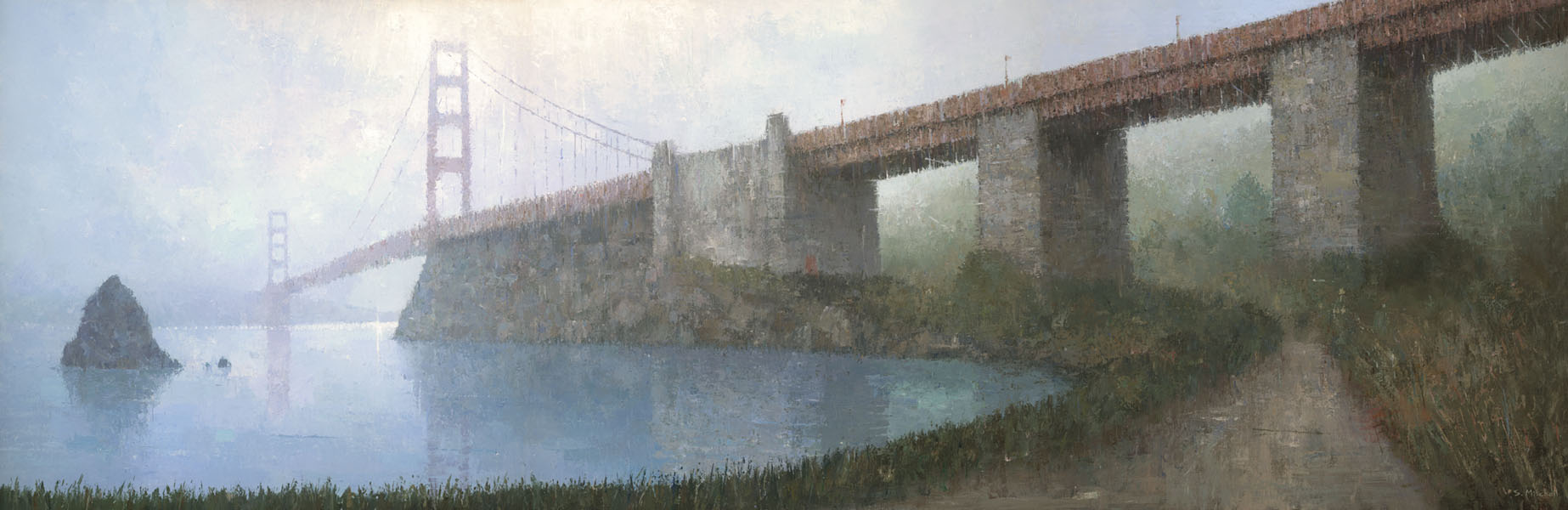 Golden Gate Bridge painting, a misty panoramic landscape painting by artist Stephen Mitchell