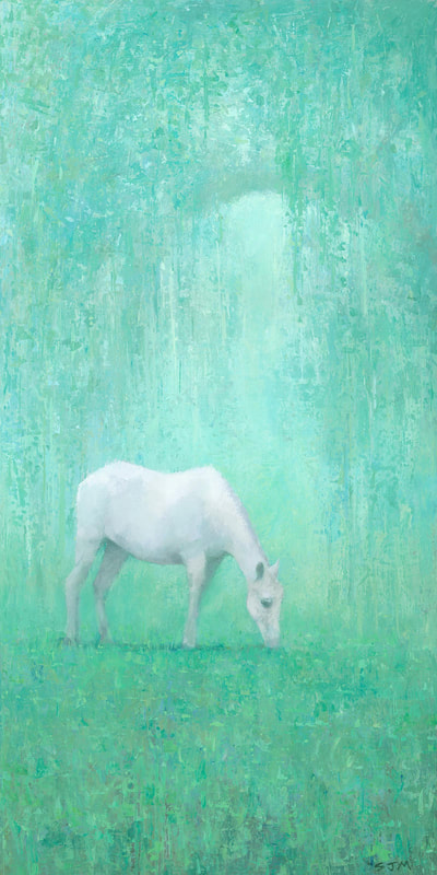 Peaceful white horse in a green glade spiritual painting by artist Stephen Mitchell
