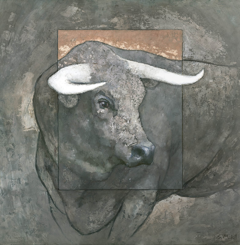 Contemporary mixed media bull painting by artist Stephen Mitchell