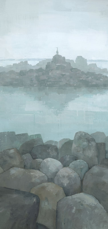 Misty, muted rocky beach seascape painting, tonalist art by Stephen Mitchell