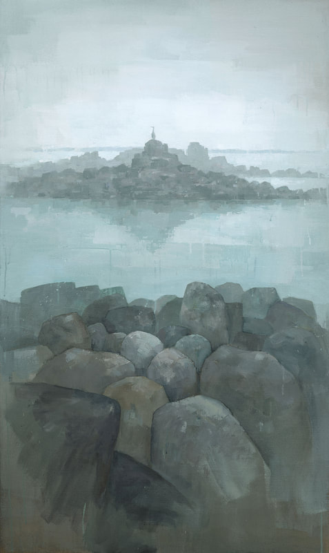 Misty, muted rocky beach seascape painting, tonalist art by Stephen Mitchell