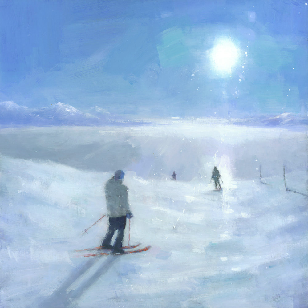 Ski painting french alps winter landscape by artist Stephen Mitchell