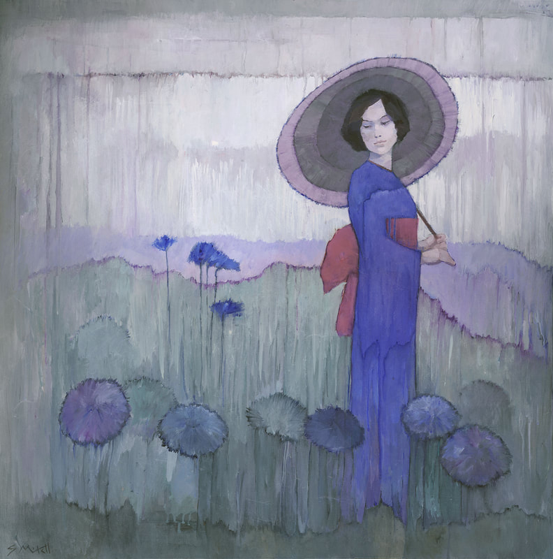 Japanese art influenced painting of a melancholy woman in kimono and parasol, by Stephen Mitchell