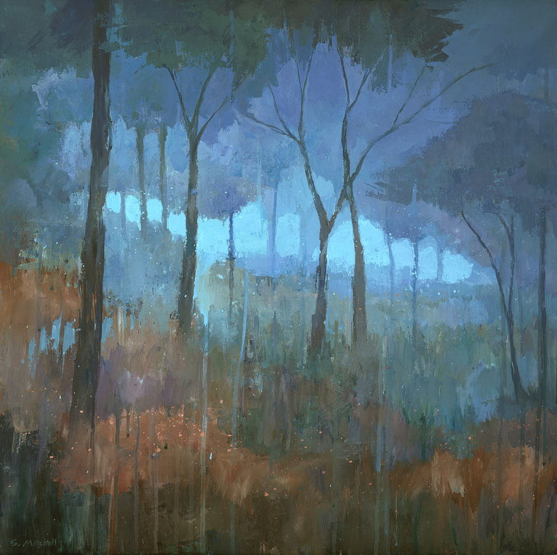 Mysterious blue forest landscape painting by artist Stephen Mitchell