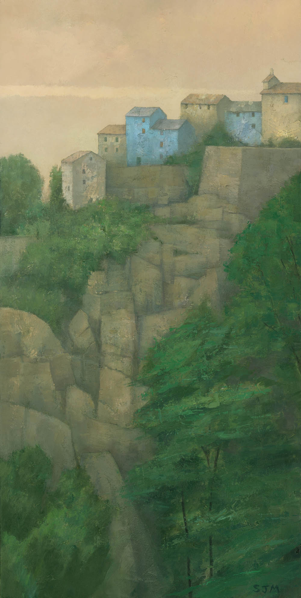Corsican hilltop village, a landscape painting by artist Stephen Mitchell