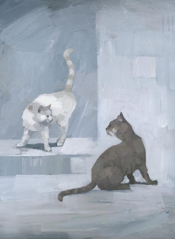 Painting of 2 cats by artist Stephen Mitchell, in neutral grey, white and brown.