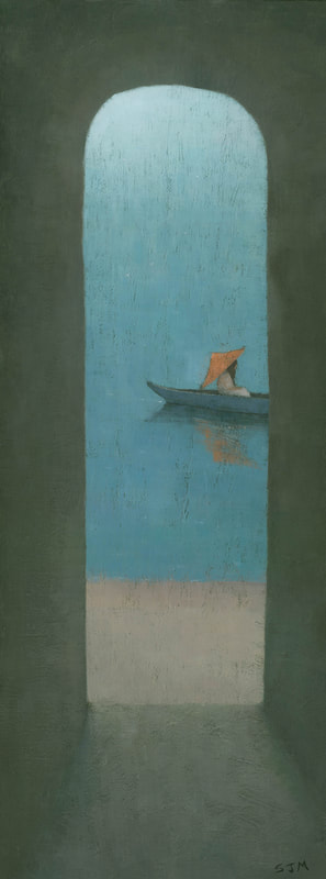 Calm, peaceful Japanese woman in boat painting by Stephen Mitchell