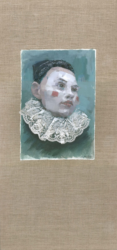 Contemporary black woman in costume painting by Stephen Mitchell in neutral muted turquoise and greys
