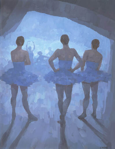 Contemporary impressionist cyan blue ballerina painting in delicate muted style by Stephen Mitchell