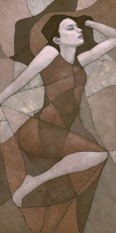 Contemporary Art Nouveau female figure painting by Stephen Mitchell, in red brown stone colours.