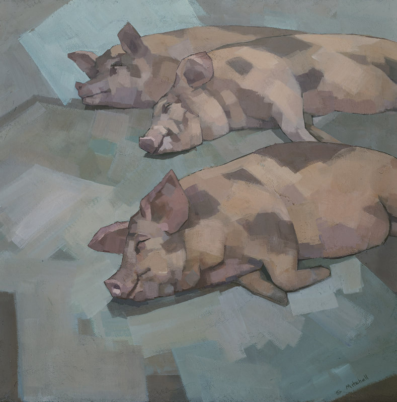Contemporary painting of 3 sleeping pigs by artist Stephen Mitchell