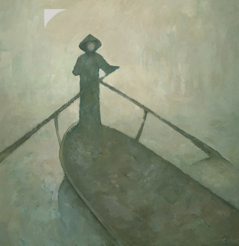 Spiritual East Asian boatman painting by Stephen Mitchell, in a tonalist symbolist style.