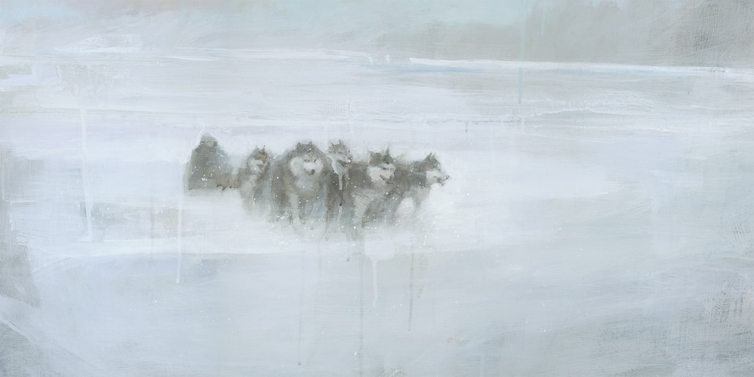 Husky Dogs pulling sled painting by artist Stephen Mitchell